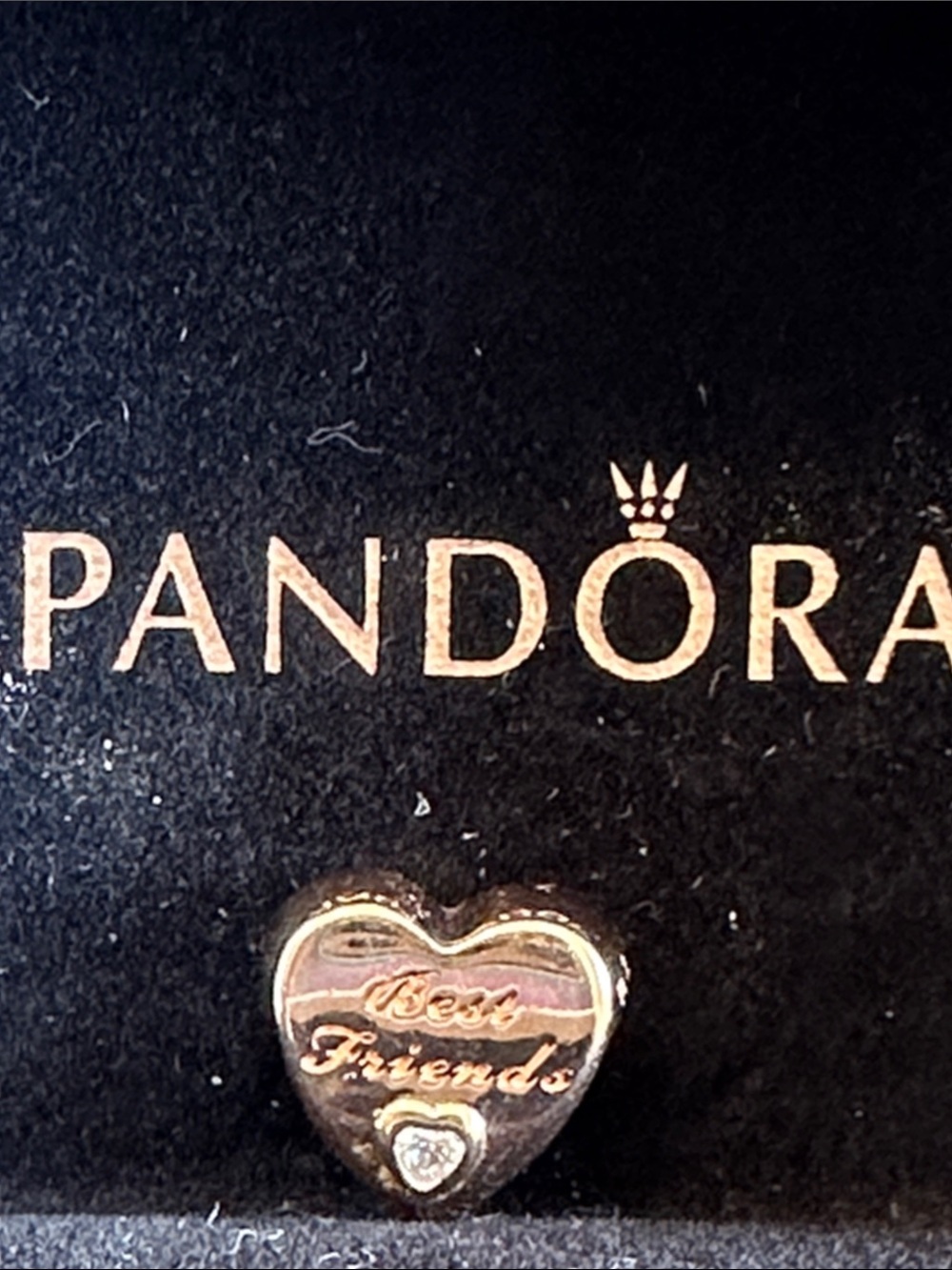 Pandora Rose gold Heart 'Best Friends' Charm with Clear Stone.